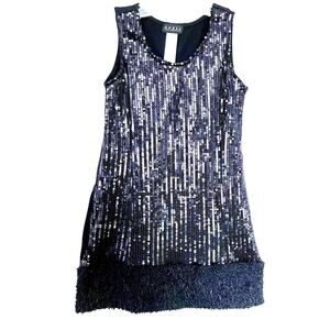 Guess Girls Black Sequin Faux Fur Fringe Party Dress A-Line Size 14 Y2K